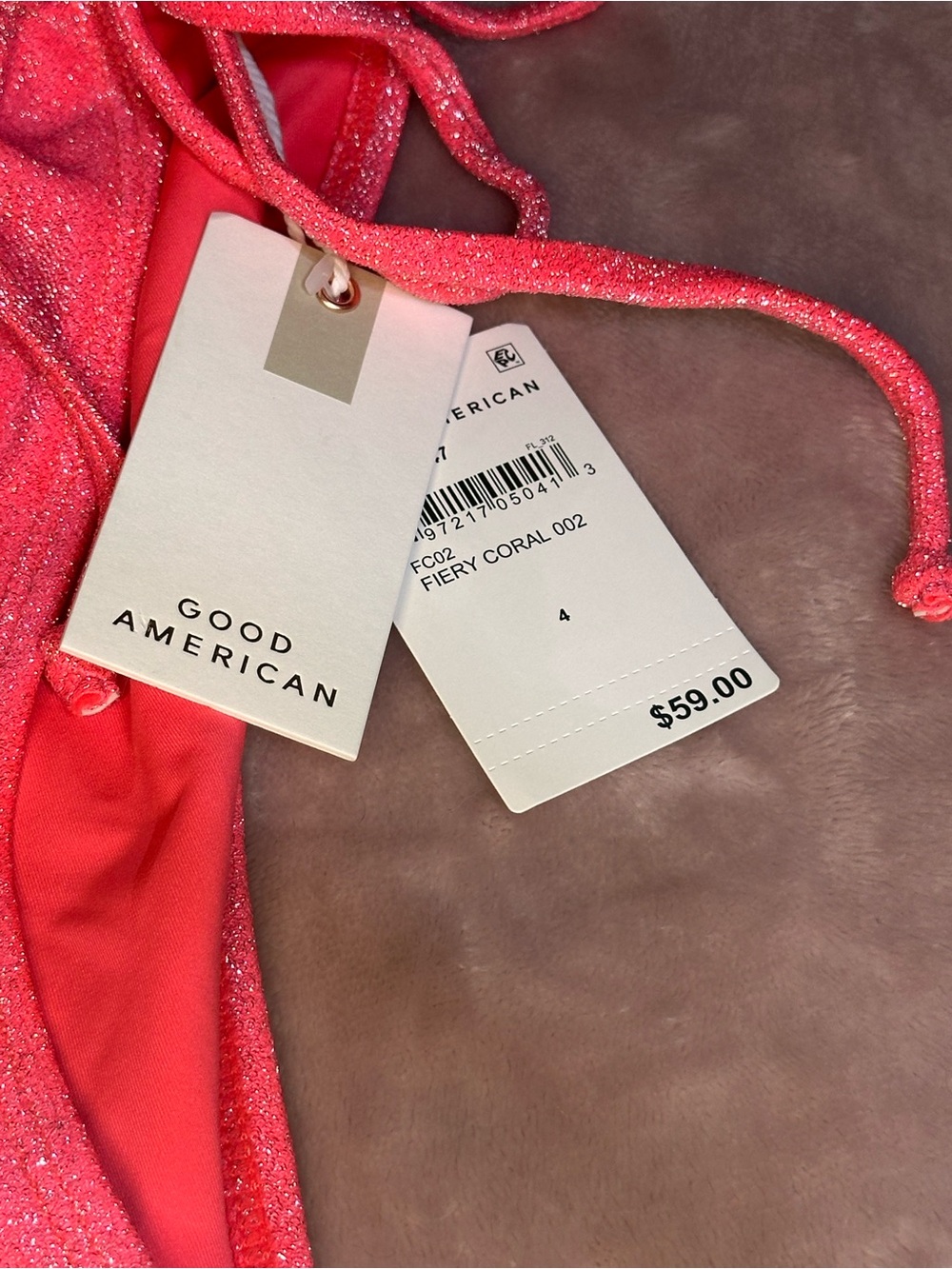 GOOD AMERICAN SPARKLE TINY TIES
BOTTOM (FIERY CORAL) NWT SIZE 4 (XL) - Picture 3 of 5
